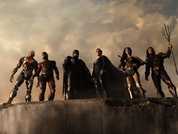 Ray Fisher, Ezrah Miller, Ben Affleck, Henry Cavill, Gal Gadot and Jason Momoa in Zack Snyder's Justice League