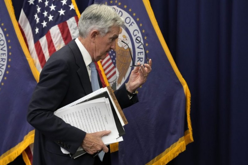 File - Federal Reserve Board Chair Jerome Powell walks from the podium after speaking at a news co<em></em>nference at the Federal Reserve, Wednesday, March 22, 2023, in Washington. The Fed's interest rate decision, announced on Wednesday, comes against the backdrop of both still-high inflation and the persistent turmoil in the banking industry. (AP Photo/Alex Brandon, File)