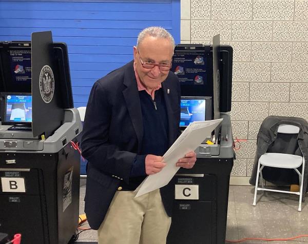 Sen. Chuck Schumer votes in Park Slope, Brooklyn, on Tuesday, Nov. 8, 2022.