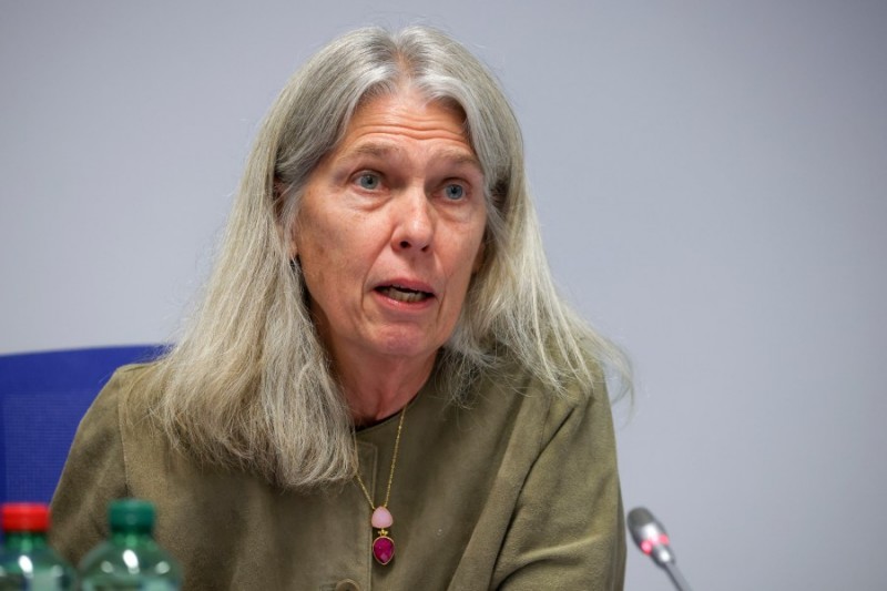 FILE - Jill Hruby, U.S. Department of Energy Under Secretary for Nuclear Security and Administrator of the Natio<em></em>nal Nuclear Security Administration addresses the media during the 66th General Co<em></em>nference of the IAEA (Internatio<em></em>nal Atomic Energy Agency) in Vienna, Sept. 28, 2022. The top priority co<em></em>ntinues to be restarting production activities given the world's deteriorating security environment, Hruby recently told a co<em></em>ngressional subcommittee. (AP Photo/Theresa Wey, File)