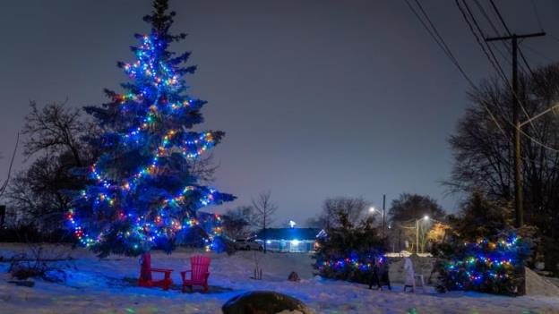 red chairs and play horses sit beside lit up trees