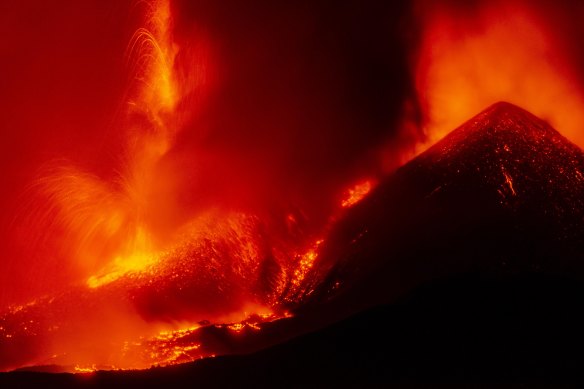 Lava flows from the Mt Etna volcano as seen from Southeast Crater, in Nicolosi, Sicily.