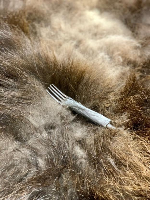 A fork lays on top of a furry material.