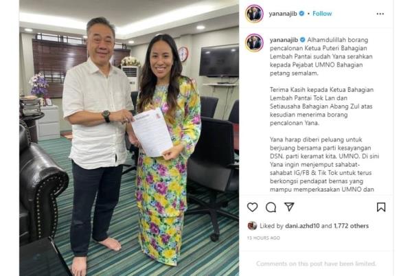 Nooryana Najwa Najib (right) posing with Umno Lembah Pantai Division chief Datuk Ramlan Askolani. - Instagram