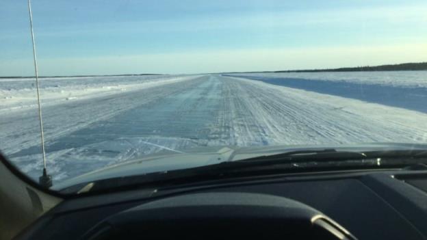 A view of the Dettah ice road from a car dashboard in February 2022. 