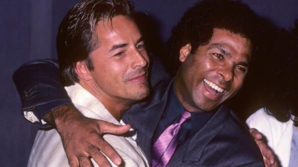Don Johnson and Philip Michael Thomas at a press co<em></em>nference for "Miami Vice" in 1985