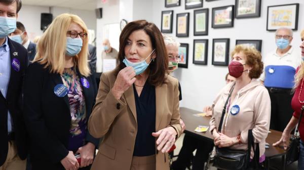 New York Governor Kathy Hochul talks to residents during visit to the Hamilton Housing Development on West 73rd Street and Broadway in the Upper West Side of Manhattan, New York on Monday, Nov. 7, 2022.