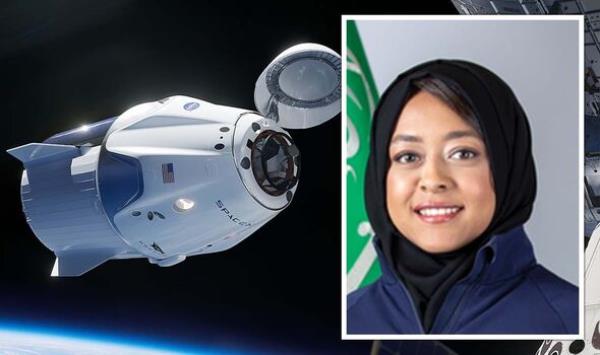 A Crew Dragon capsule and Rayyana Barnawi