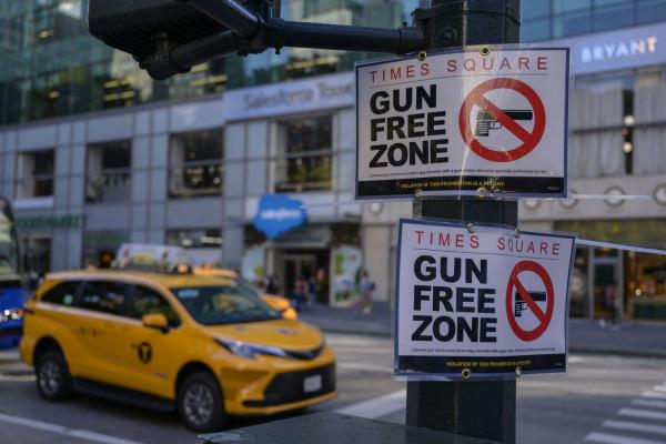 A "Gun Free Zone" sign near Times Square in Manhattan. 