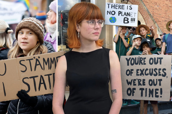 Matilda Lane-Rose, 19, centre, is one of the activists arrested and charged over a protest at Woodside boss Meg O’Neill’s home on Tuesday.