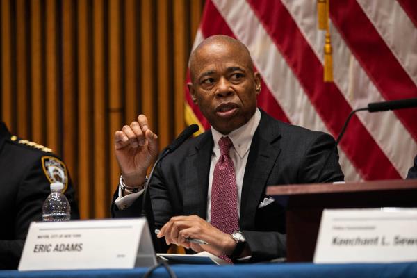 Mayor Eric Adams speaking to the press regarding the year end crime briefing of 2022 at 1 Police Plaza, Manhattan, New York, Thursday, January 5, 2023. 