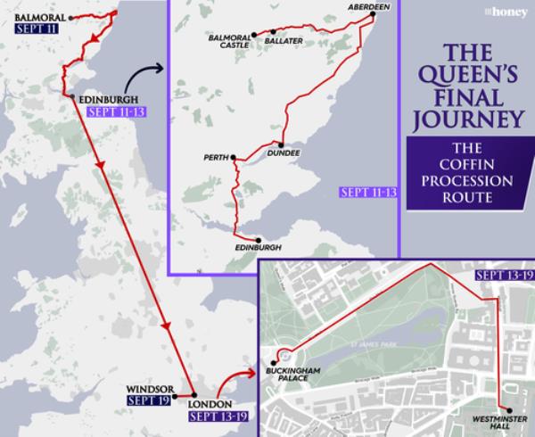 Queen Elizabeth II's final journey: The Queen's coffin will travel from Balmoral to Lo<em></em>ndon ahead of her funeral on September 19. 