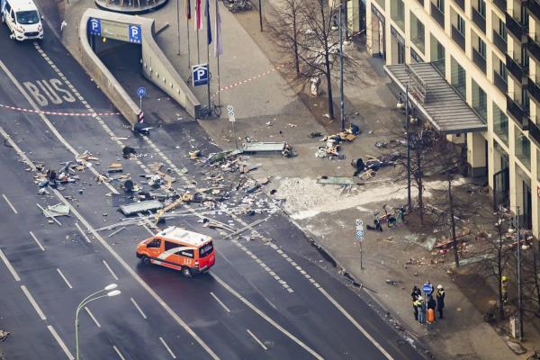 Debris lay in front of a hotel in Berlin, Germany, Friday, Dec. 16, 2022. 