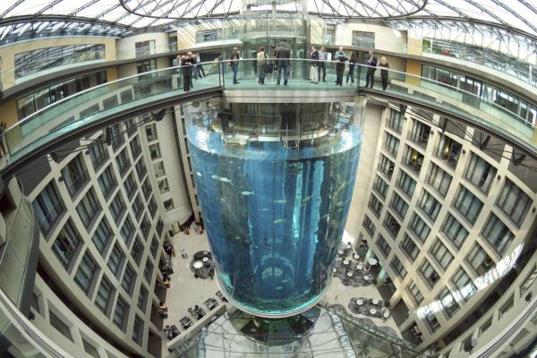 In this 2015 file photo, People gather on the top of the AquaDom aquarium at the Sea Life tourist attraction in Berlin.